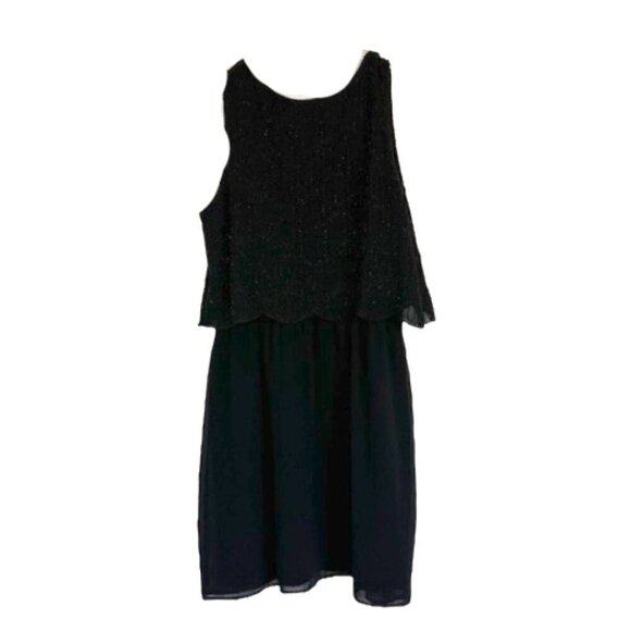 Francesca's Sleeveless Beaded Double Layer Scalloped Hem Black Dress Size: Large - Picture 2 of 5